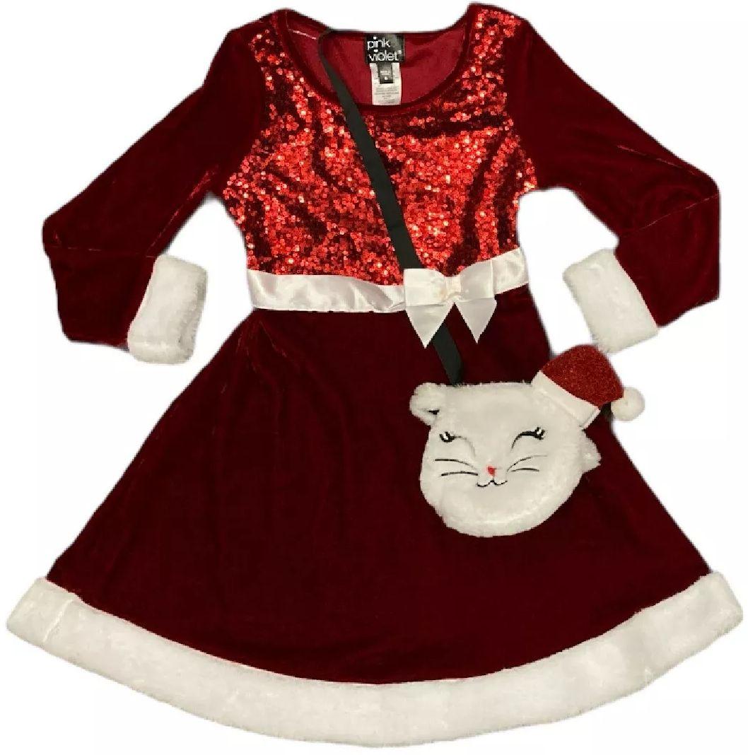 Renoverad Pink & Violet Holiday Girl's Dress with Cat Purse 5T - Reebelo Sverige
